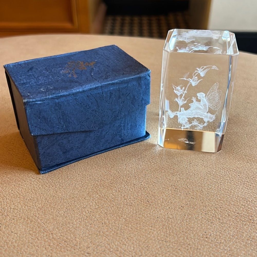 Etched 3D Crystal Heavy Fairy & Flowers Paperweight EUC